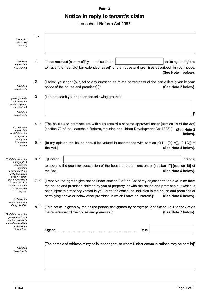 LT63 Notice in reply to tenant s claim Leasehold Reform Act 1967 Form 3 [L T51] [LRA3] preview